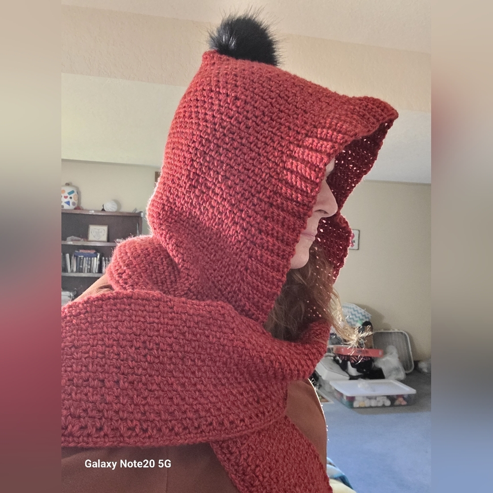 Cozy Red Crochet Hooded Scarf